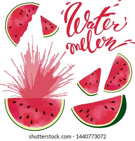 Vector set with hand drawn slices of red watermelon with spray of juice and lettering.