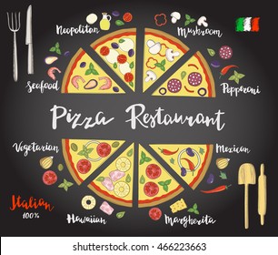 Vector set of hand drawn slices of pizza popular varieties, margarita, neapolitan, pepperoni, mexican, hawaiian, seafood, vegetarian and hand lettering isolated on a on the chalk board.