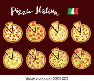 Vector set hand drawn slices of pizza popular varieties, margarita, neapolitan, pepperoni, mexican, hawaiian, seafood, vegetarian and hand lettering.