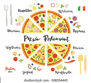 Vector set hand drawn slices of pizza popular varieties, margarita, neapolitan, pepperoni, mexican, hawaiian, seafood, vegetarian and hand lettering.