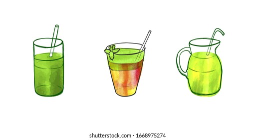 Vektorillustration Satz handgezeichnet Smoothies einzeln auf weißem Hintergrund, gesundes Esskonzept, Detox-Getränke, bunte Aquarellmalerei.