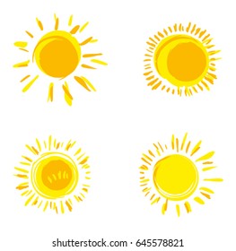 Vector set of hand drawn solar symbols. Four painted sun. 
