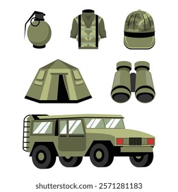 Vector Set of Hand Drawn Soldier Equipment Illustrations for Military Use.