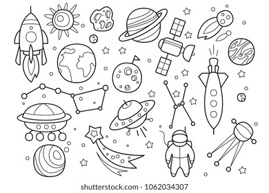 Vector set of hand drawn space objects. Flying saucers of aliens, spaceship, rocket, astronaut, cosmic satellite, stars and different planets. Sketch style icons