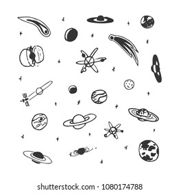 Vector set of hand drawn space object - planet, comet, moon, star. Universe sketch