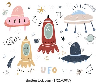 Vector set of hand drawn space objects. Flying saucers of aliens, spaceship, rocket, astronaut, cosmic satellite, stars and different planets. Sketch style icons