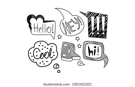 Vector set of hand drawn speech bubbles with short messages. Dialog clouds with text. Internet chat words