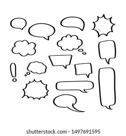 Vector set of hand drawn speech bubbles. Empty comic  sticker without text of different shapes - square, circle or round, cloud, boom and bam, rectangle message. Blank doodle tag for price of dialogue