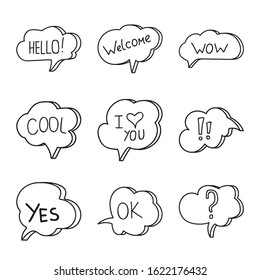 Vector set of hand drawn speech bubbles. Doodle style speaking bubbles isolated on white background. Black and white stickers with emotional phrases.