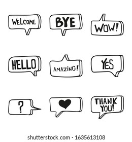 Vector set of hand drawn speech bubbles. Doodle style speaking bubbles isolated on white background. Black and white stickers with emotional phrases.