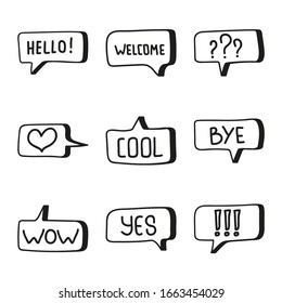 Vector set of hand drawn speech bubbles. Doodle style speaking bubbles isolated on white background. Black and white stickers with emotional phrases.