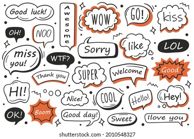 Vector set of hand drawn speech bubbles with message, greetings and dialog. Doodles. 
