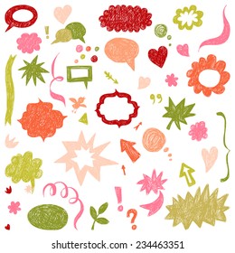 Vector set with hand drawn speech bubbles, flowers,birds and love elements