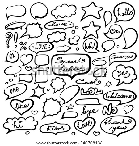 Vector set of hand drawn of speech bubbles with dialog words: hello, yes, no, love, kiss, hi. 