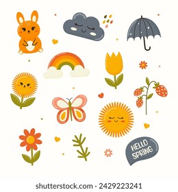 Vector set of hand drawn spring elements. Sticker set