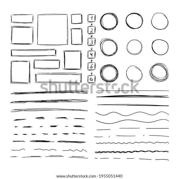 Vector\
Set of Hand Drawn Square and Circle Frames and Underline Strokes,\
Scribble Drawings Isolated on White\
Background.