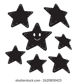 Conjunto vetorial de estrelas desenhadas à mão, elementos de design, emblemas, autocolantes, figuras geométricas