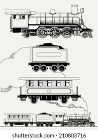 Vector set of hand drawn steam locomotive with coal and passenger car | Old train engraving stylized illustration