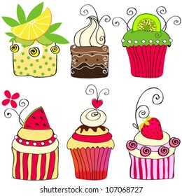 Vector set of hand drawn style illustrations of cute retro cupcakes