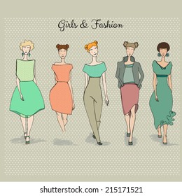 vector set of hand drawn style beautiful fashion girls 