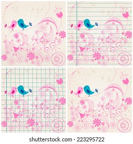 Vector set of hand drawn style illustration of cute birds in love