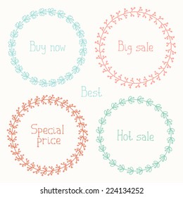 Vector set of hand drawn style badges and elements. Sale tag. Doodle frames. Beautiful simple colorful lettering.