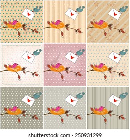 Vector set of hand drawn style illustration of cute birds in love