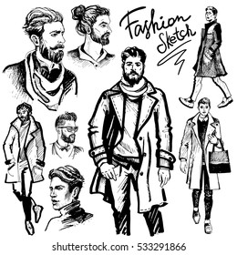 Vector set in hand drawn style with stylish man. Fashion sketch. Man in sunglasses. Man in an overcoat.