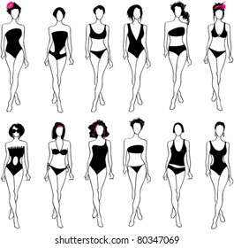 Vector set of hand drawn style elegant glamour bikini women illustrations