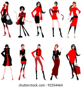 Vector set of hand drawn style illustration of beautiful winter girls