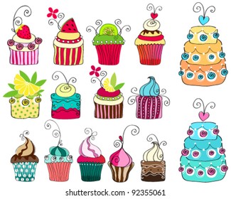 Vector set of hand drawn style illustrations of cute retro cupcakes