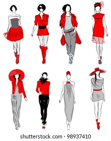 Vector set of hand drawn style elegant, stylized fashion models illustration