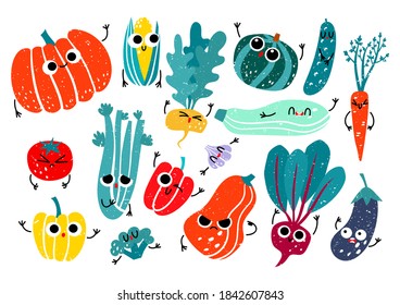 Vector set of hand drawn stylized character vegetables in print flat style, cute persons with different emotion. Eat local organic products.