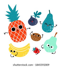 Vector set of hand drawn stylized character fruits in print flat style, cute persons with different emotion. Eat local organic products.