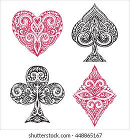 Vector set of hand drawn suit black and red playing card with decorative ornament. Isolated objects on white background