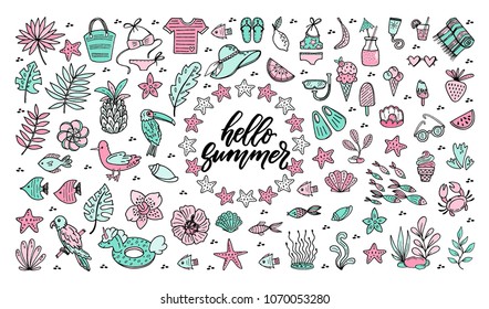 Vector Set of hand drawn summer design elements - summer drinks, watermelon, fishes, diving mask, ice creams, starfish, swimsuit, shells, bikini, bag and others. 