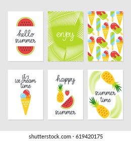 Vector set of hand drawn summer cards. Great prints for holiday posters with monoline lettering. Seasonal illustrations. Hello Summer