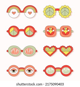 Vector set of hand drawn sunglasses of various shapes in hippie style. Concept of love and peace. Flat design.