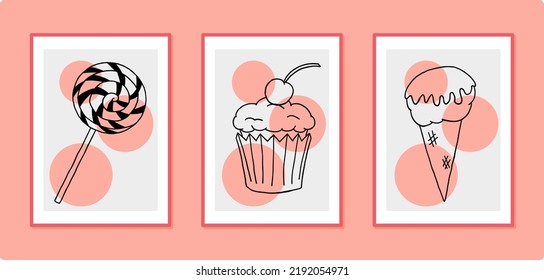 Vector set of hand drawn sweets illustrations for wall decoration postcard or brochure cover design.