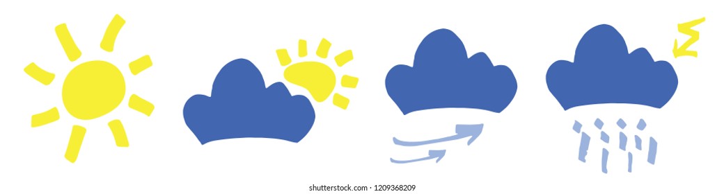 vector set of a hand drawn symbols or icons for a weather prediction for a sunny, cloudy, stormy, windy, hot and cold, nice and gloomy weather forecast