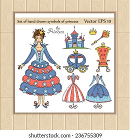 Vector set of hand drawn symbols of princess. Sketches for use in design
