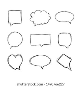 Vector set of hand drawn talk bubbles isolated on white background, black pen drawings, blank frames, communication icons.