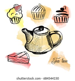 Vector set of hand drawn tea time collection. Cupcakes, muffins, desserts, cakes with teapot. An idea for design, teashop. Watercolor background.