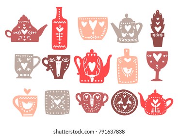 Vector set of hand drawn teapots with hearts and Scandinavian ornaments.