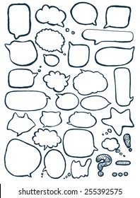 Vector set of hand drawn text bubbles isolated on white background. Contour doodle drawing. Conversation box.