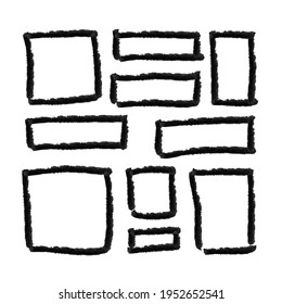 Vector set of hand drawn textured black square shapes  isolated on white background, painting illustration, brush strokes, icons set.
