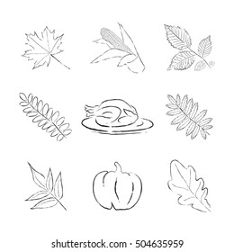 Vector set of hand drawn thanksgiving items.