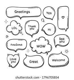 Vector set of hand drawn think and talk speech bubbles with message, greetings and dialog. Doodle style. Isolated