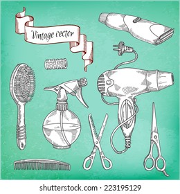 vector set of hand drawn Tools for hairdresser