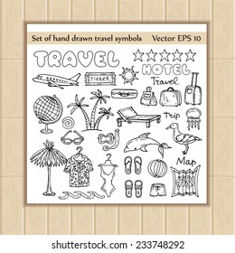 Vector set of hand drawn travel symbols. Sketches for use in design
